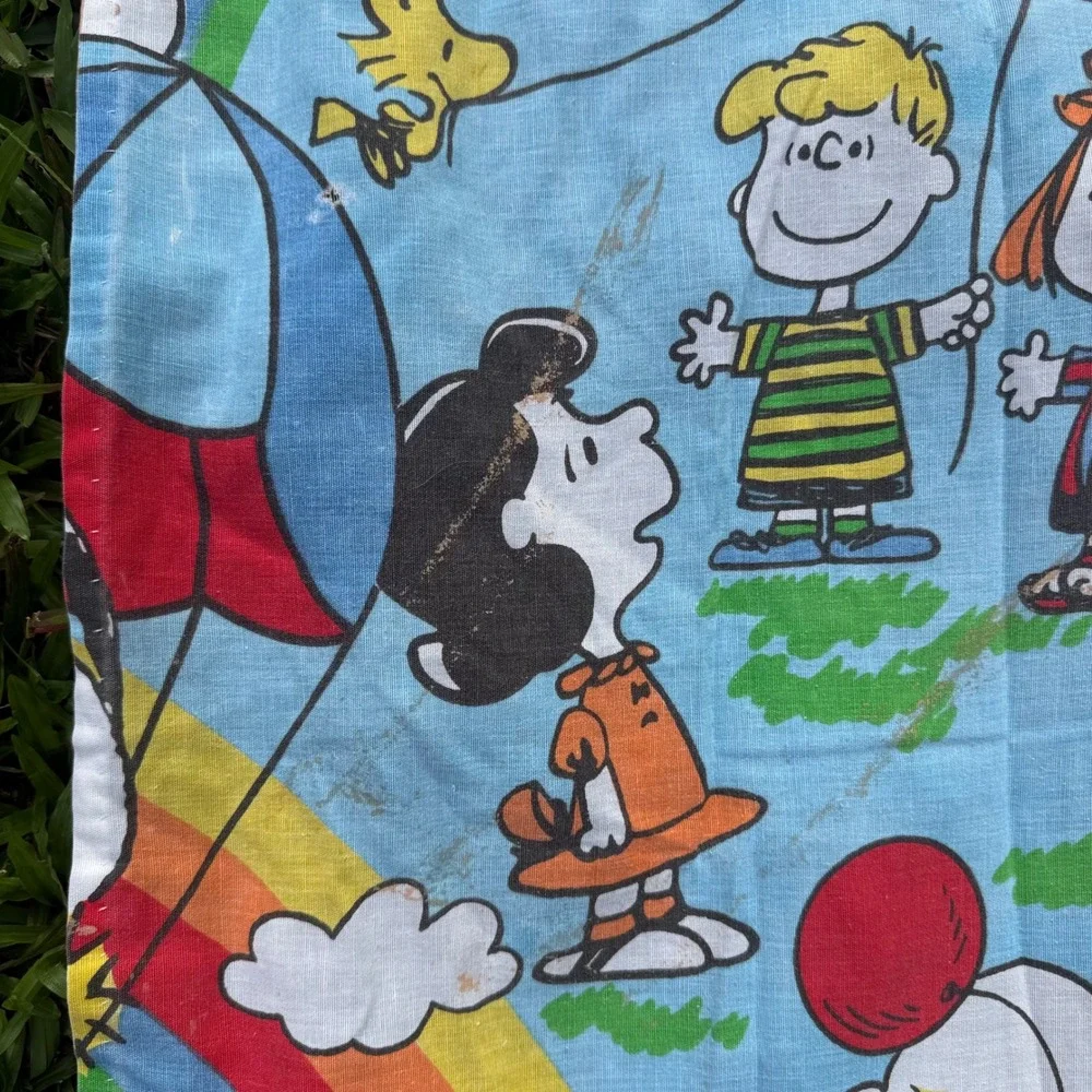 Vintage Peanuts Snoopy Charlie Brown Rainbow Twin Flat Sheet Blue Cotton Bedding